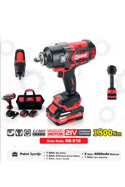 ARM - ARM Şarjlı Somun Sökme Sıkma Makinesi Tabancası Darbeli 1800 NM 21V RB-818