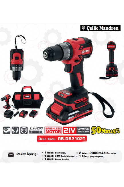 ARM - ARM Profesyonel Şarjlı Matkap Vidalama Darbeli 50 NM 21V 2 Ah Çift Akülü