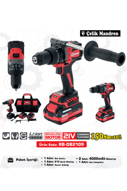 ARM - ARM Profesyonel Şarjlı Matkap Vidalama Darbeli Makinesi Çelik Mandren 150 NM 21V 4Ah Çift Akülü