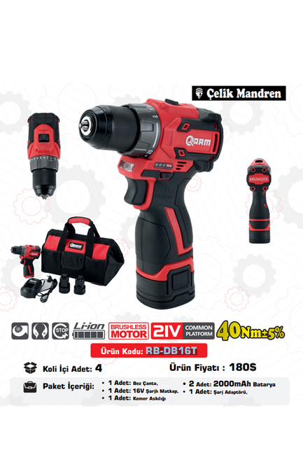 ARM - ARM Profesyonel Şarjlı Matkap Vidalama Makinesi Çelik Mandren 40 NM 16V 2 Ah Çift Akülü