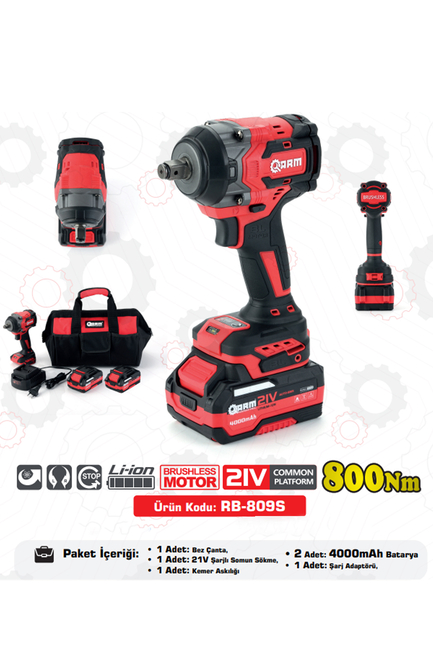 ARM - ARM Profesyonel Şarjlı Somun Sökme Sıkma Makinesi Tabancası Darbeli 800 NM 21V Çantalı Çift Akülü