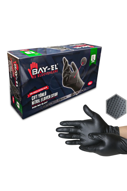 Bay-El Nitril Siyah Eldiven Çift Yönlü Tırtıklı L Beden 50 Adet - Thumbnail