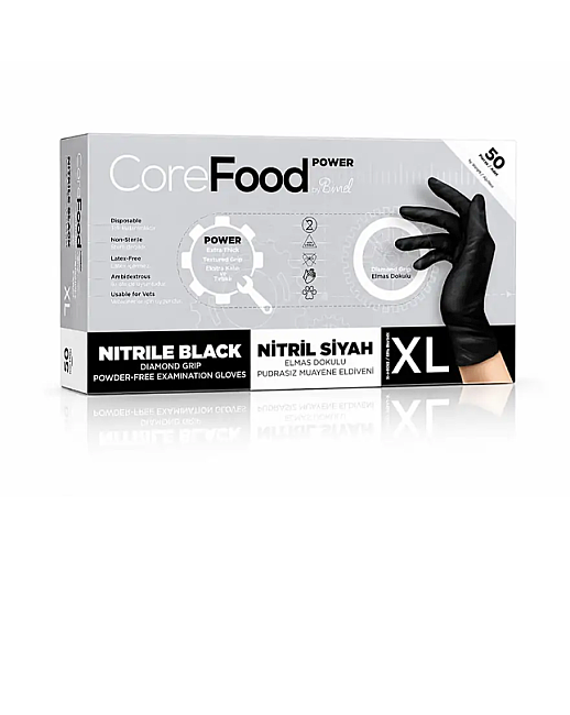 Corefood Power Tırtıklı Siyah Nitril Eldiven L 50 Adet Çift Yönlü Eldiven