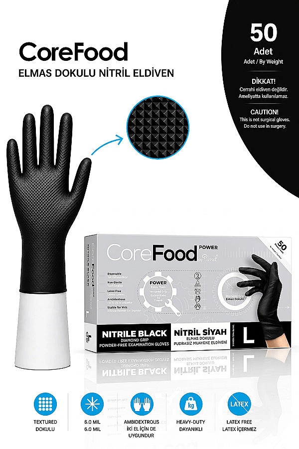 Corefood Power Tırtıklı Siyah Nitril Eldiven L 50 Adet Çift Yönlü Eldiven - 1