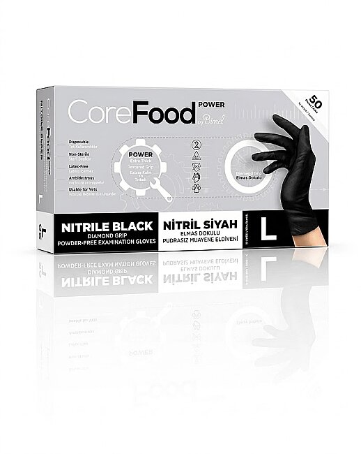 Corefood Power Tırtıklı Siyah Nitril Eldiven L 50 Adet Çift Yönlü Eldiven - 2