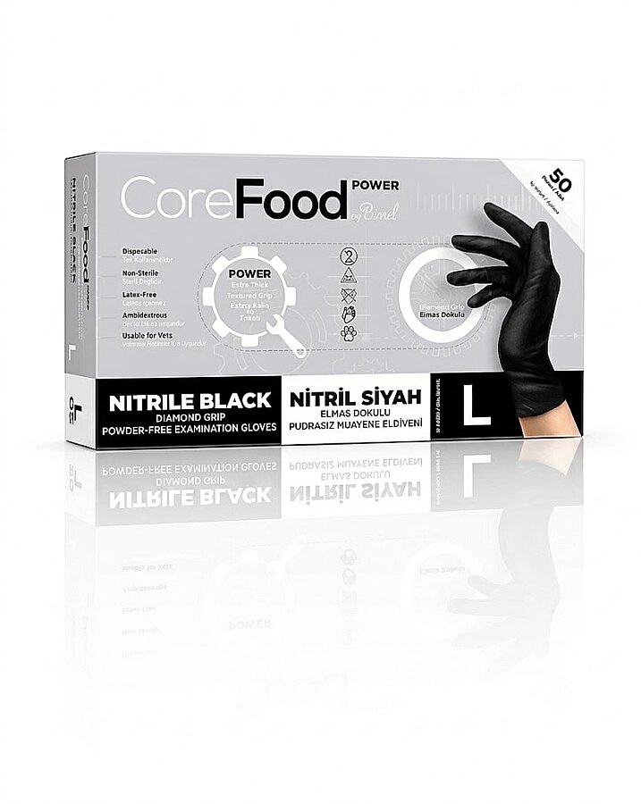 Corefood Power Tırtıklı Siyah Nitril Eldiven L 50 Adet Çift Yönlü Eldiven - 2