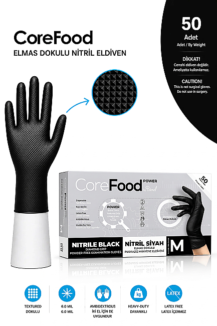 Corefood Power Tırtıklı Siyah Nitril Eldiven M 50 Adet Çift Yönlü Eldiven