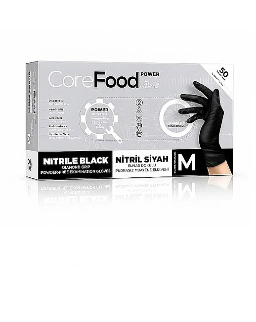 Corefood Power Tırtıklı Siyah Nitril Eldiven M 50 Adet Çift Yönlü Eldiven  - 2