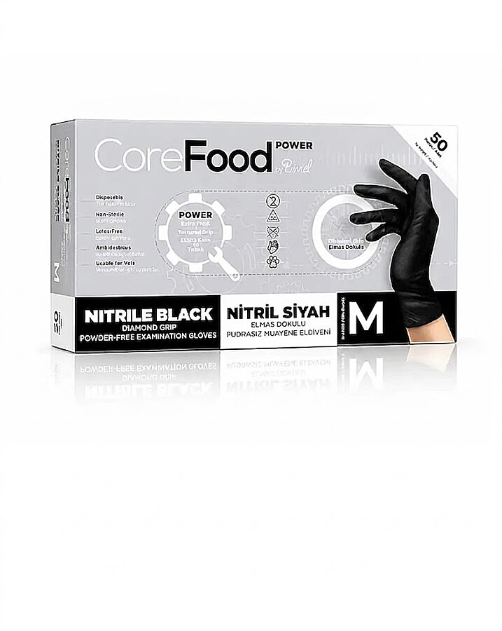 Corefood Power Tırtıklı Siyah Nitril Eldiven M 50 Adet Çift Yönlü Eldiven  - 2