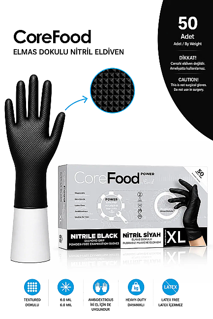 Corefood Power Tırtıklı Siyah Nitril Eldiven XL 50 Adet Çift Yönlü Eldiven