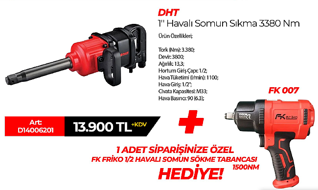 DHT 1" Havalı Somun Sıkma 3380Nm + Fk Friko 1/2 1500 Nm Havalı Somun Sökme Hediye!