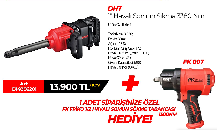 DHT 1" Havalı Somun Sıkma 3380Nm + Fk Friko 1/2 1500 Nm Havalı Somun Sökme Hediye! - 1