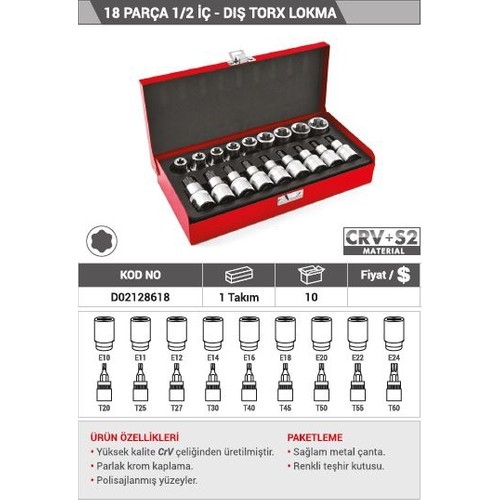 DHT 18 Parça 1/2 İç-Dış Torx Lokma D02128618 - 2