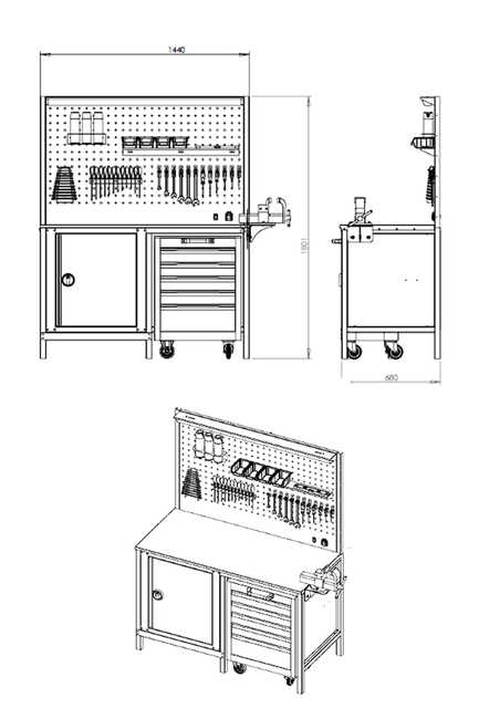 DORF 1,5 Metre 5 Çekmeceli Boş Takım Arabalı Dolaplı Çalışma Tezgahı Boş - Thumbnail
