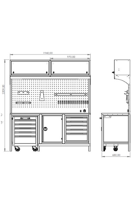 DORF 2 Metre Modüler Üst Dolaplı 5 Çekmeceli Takım Arabalı Çalışma Tezgahı Boş - Thumbnail