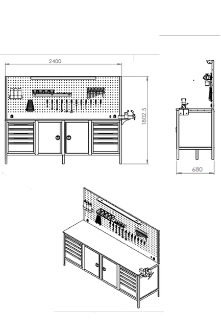 DORF 2,5 Metre 10 Çekmeceli 2 Dolaplı Çalışma Tezgahı Boş - Thumbnail
