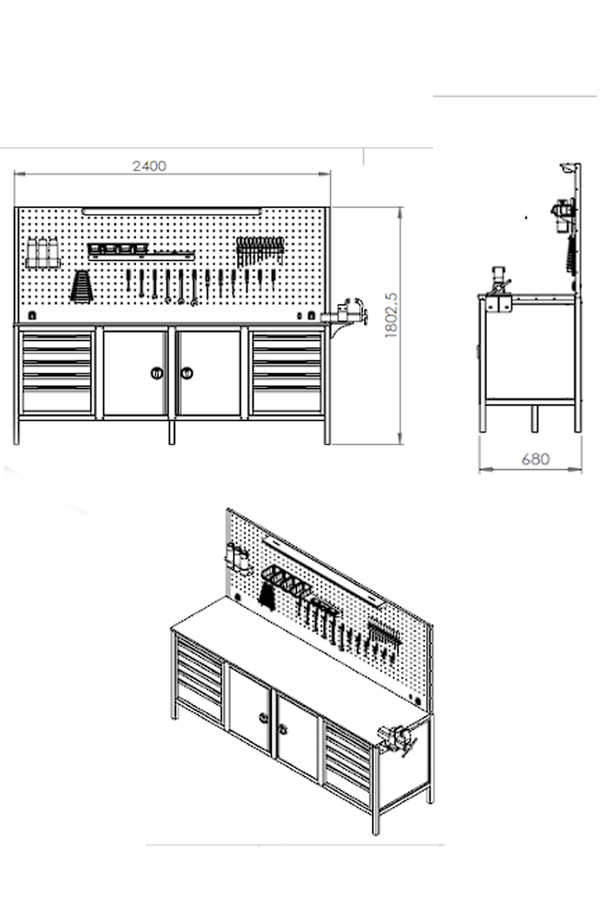 DORF 2,5 Metre 10 Çekmeceli 2 Dolaplı Çalışma Tezgahı Boş - 3