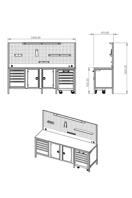DORF 2,5 Metre 5 Çekmeceli 2 Dolaplı Takım Arabalı Çalışma Tezgahı Boş - Thumbnail
