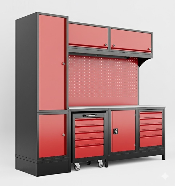 DORF - DORF 2,5 Metre Modüler Üst ve Sol Dolaplı 5 Çekmeceli Takım Arabalı Çalışma Tezgahı Boş