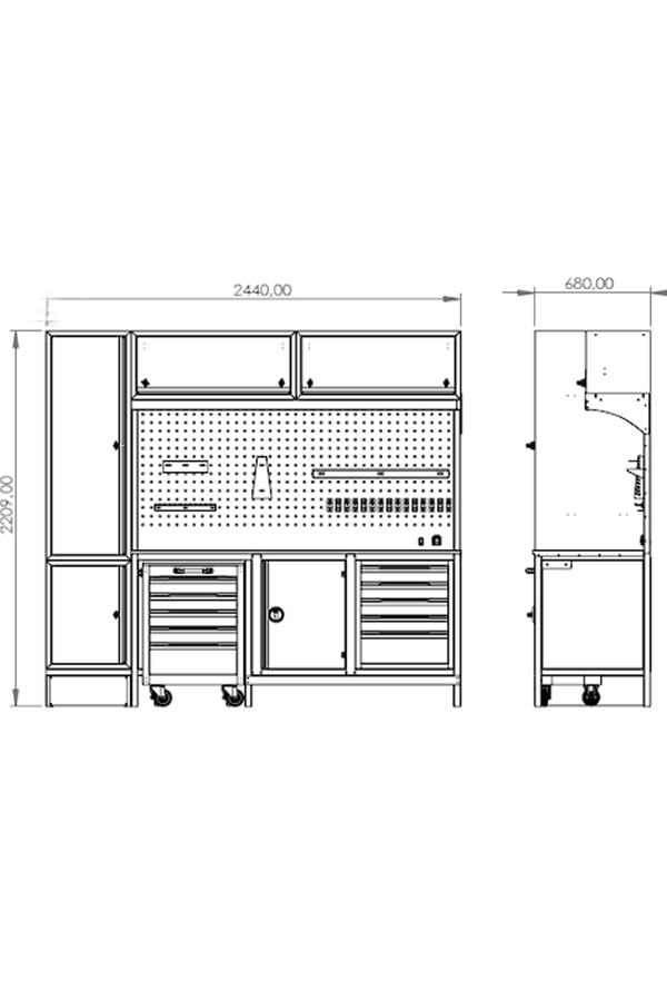 DORF 2,5 Metre Modüler Üst ve Sol Dolaplı 5 Çekmeceli Takım Arabalı Çalışma Tezgahı Boş - 3