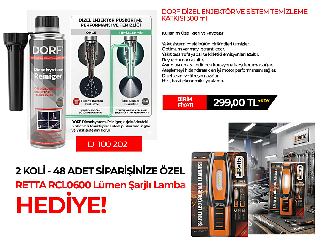 Dorf Dizel Sistem ve Enjektör Temizleyici 300 ML 48 Adet Siparişinize + Retta RCL0600 Lamba HEDİYE!