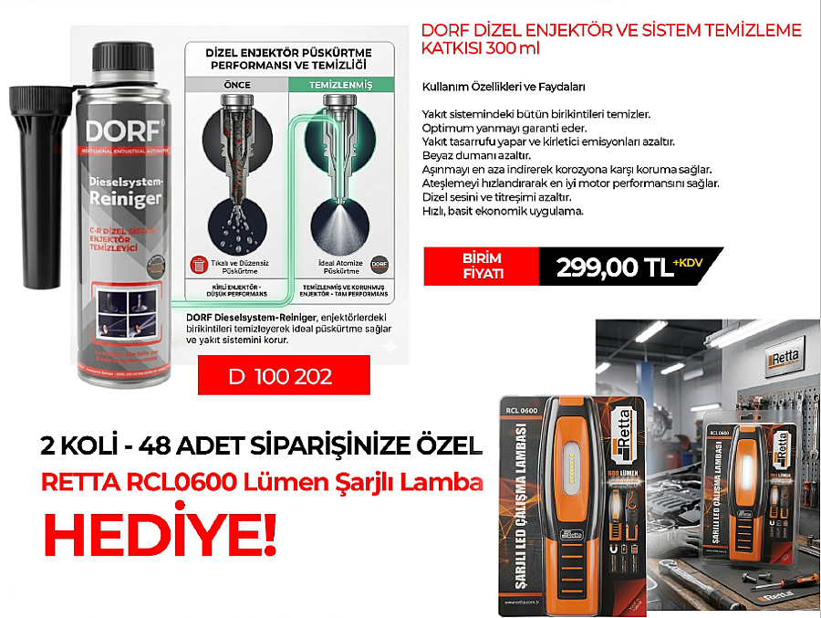 Dorf Dizel Sistem ve Enjektör Temizleyici 300 ML 48 Adet Siparişinize + Retta RCL0600 Lamba HEDİYE! - 1