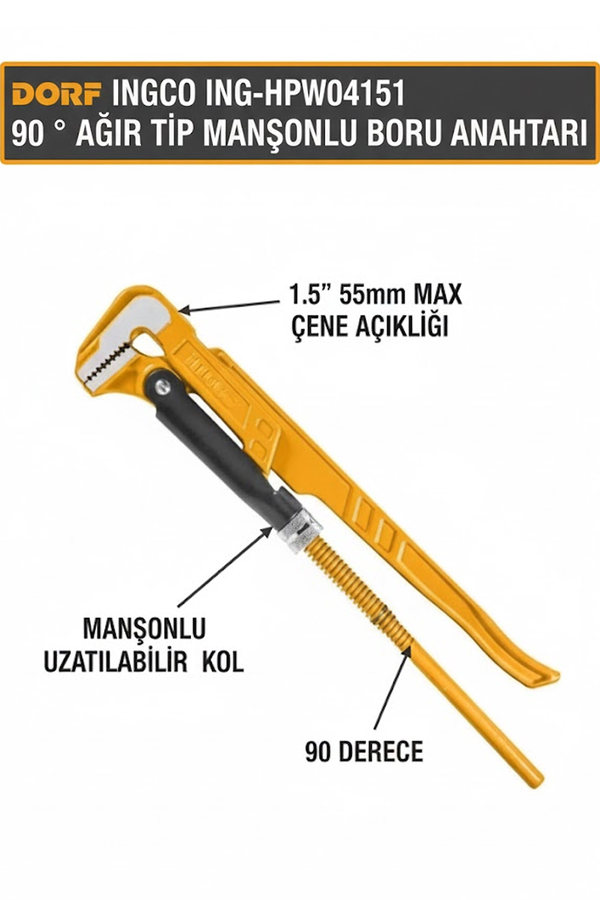 DORF İngco ING-HPW04151 90 ° Ağır Tip Manşonlu Boru Anahtarı 1.5" 55mm - 1