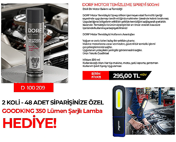 DORF Motor Temizleme Spreyi 500ml 2 Koli Siparişe Özel + Goodking Şarjlı Lamba HEDİYE! - 1