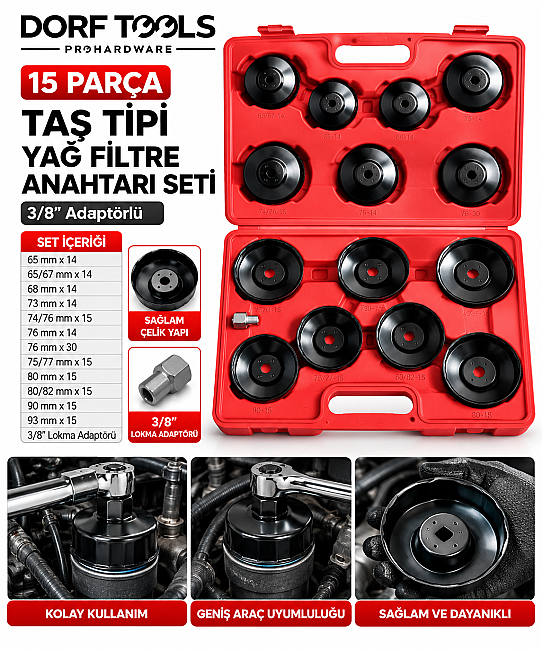DORF Tools 15 Parça Tas Tipi Yağ Filtre Anahtarı Seti 3/8" Adaptörlü
