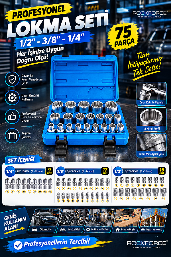 DORF TOOLS 21 Parça 1/2 Lokma Takımı 12 Köşe Cr-V Çelik 8-32 mm Profesyonel Lokma Seti - 1