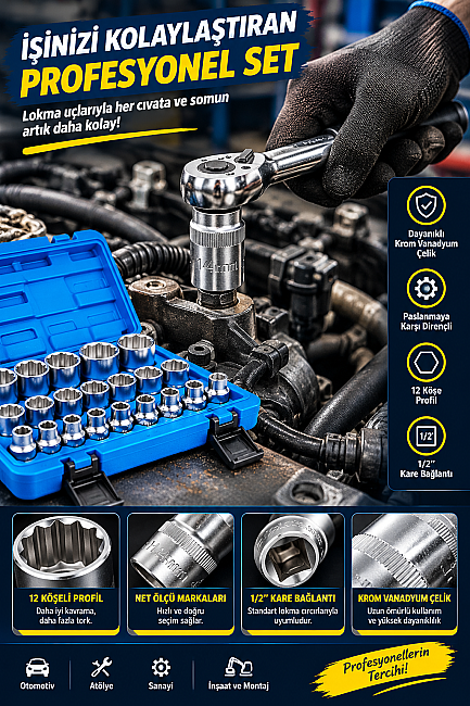 DORF TOOLS 21 Parça 1/2 Lokma Takımı 12 Köşe Cr-V Çelik 8-32 mm Profesyonel Lokma Seti - 4