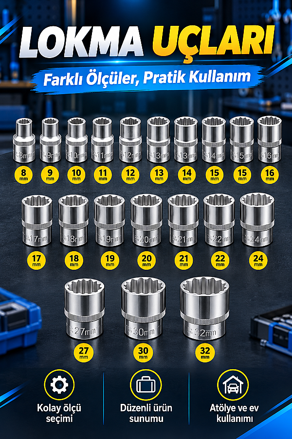 DORF TOOLS 21 Parça 1/2 Lokma Takımı 12 Köşe Cr-V Çelik 8-32 mm Profesyonel Lokma Seti - 3
