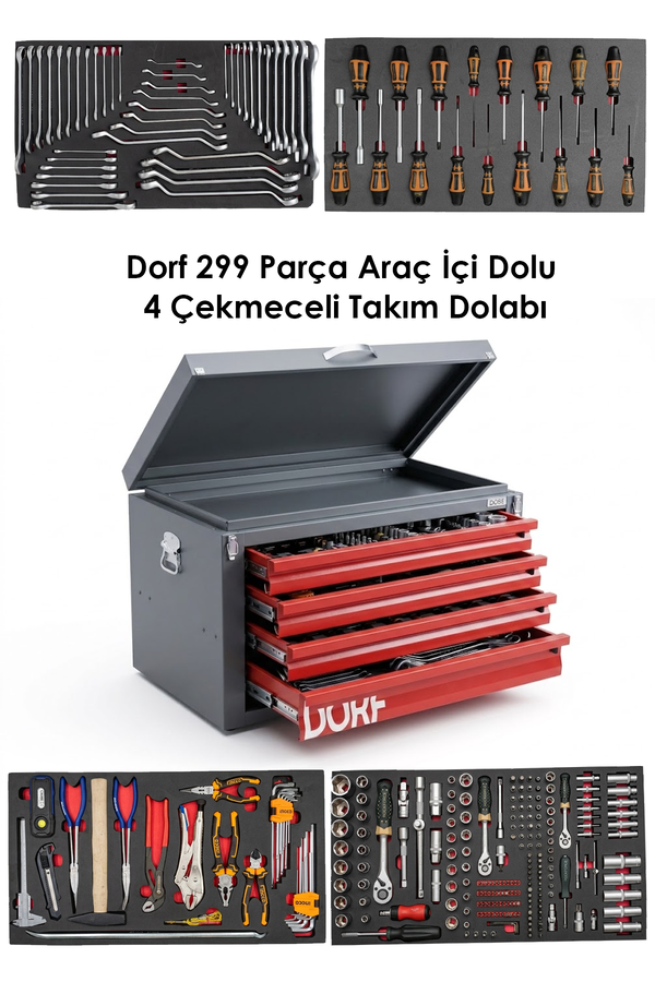 Dorf Tools Yol Yardım İçin 300 Parça Profesyonel 4 Çekmece Seyyar Takım Sandığı - 1