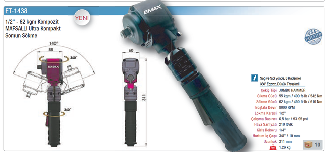Emax ET-1438 1/2’’ 62KGM Kompozit Mafsallı Ultra Kompakt Somun Sökme - Thumbnail