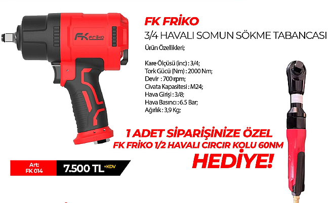 Fk Friko 3/4 Havalı Somun Sökme Tabancası 2000Nm + 1 Adet 1/2 Fk Friko Havalı Cırcır Kolu Hediyeli!