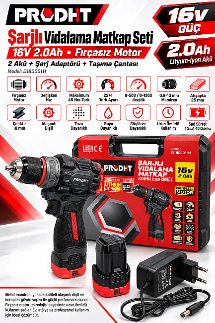 PRODHT D18000111 16V 2.0Ah Şarjlı Vidalama Matkap 45 Nm Çift Akülü Fırçasız Motor