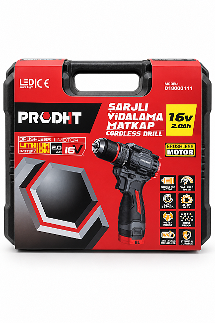 PRODHT D18000111 16V 2.0Ah Şarjlı Vidalama Matkap 45 Nm Çift Akülü Fırçasız Motor - 5