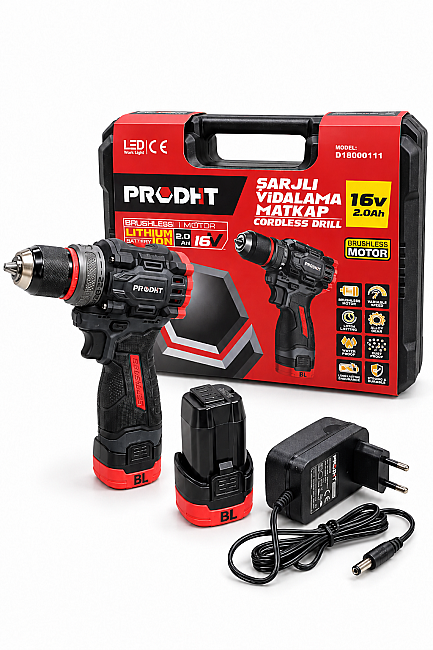 PRODHT D18000111 16V 2.0Ah Şarjlı Vidalama Matkap 45 Nm Çift Akülü Fırçasız Motor - 2