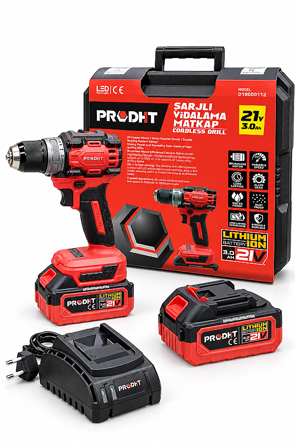 PRODHT D18000112 21V 3.0Ah Şarjlı Vidalama Matkap 50 Nm Çift Akülü Kömürsüz - 2