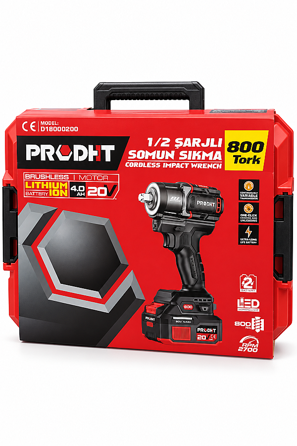 PRODHT D18000200 1/2" Şarjlı Somun Sıkma 800 Nm 20V 4.0Ah Çift Akülü Kömürsüz - 5
