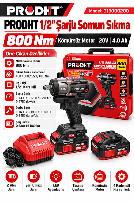 PRODHT D18000200 1/2" Şarjlı Somun Sıkma 800 Nm 20V 4.0Ah Çift Akülü Kömürsüz