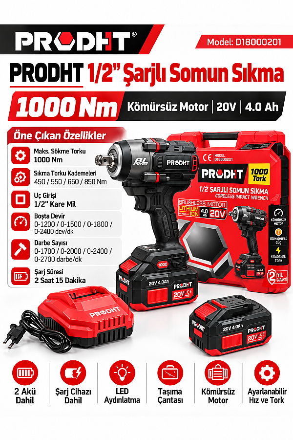 PRODHT D18000201 1/2" Şarjlı Somun Sıkma 1000 Nm 20V 4.0Ah Çift Akülü Kömürsüz - 1