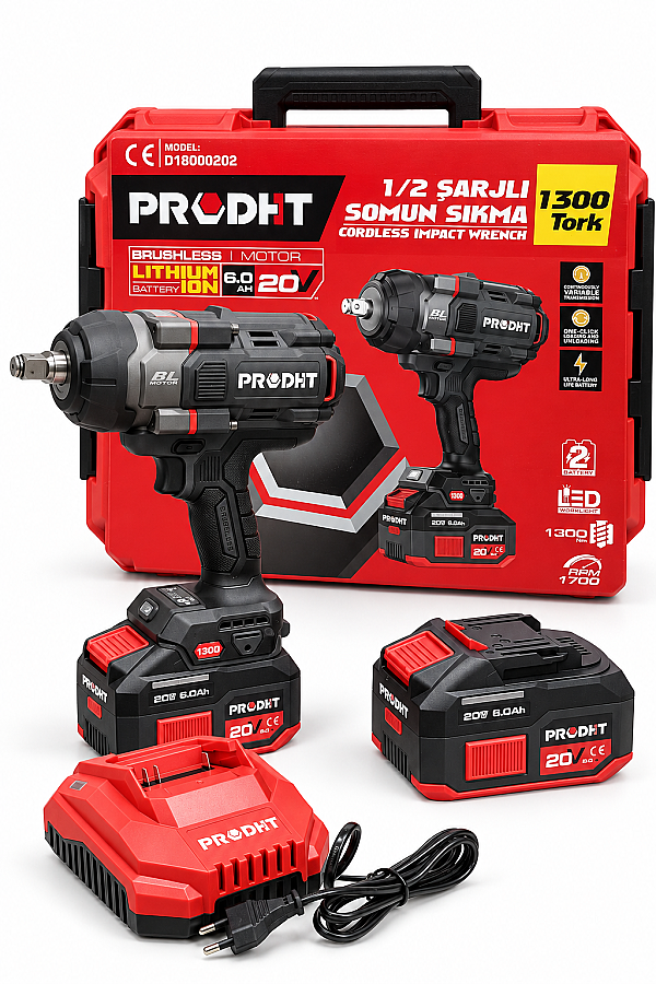 PRODHT D18000202 1/2" Şarjlı Somun Sıkma 1300 Nm 20V 6.0Ah Çift Akülü Kömürsüz - 2
