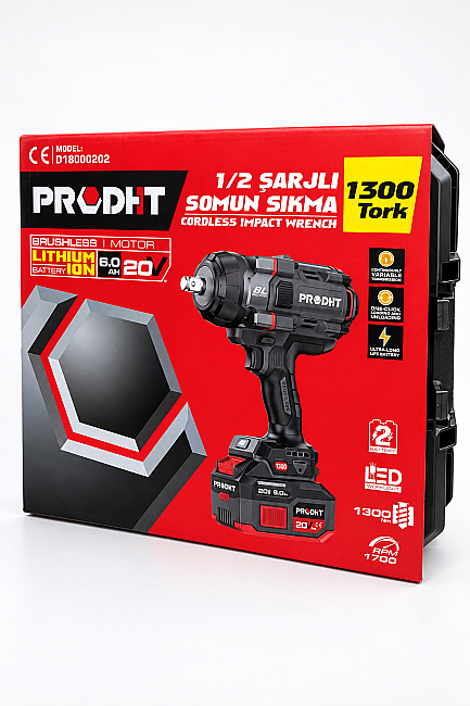 PRODHT D18000202 1/2" Şarjlı Somun Sıkma 1300 Nm 20V 6.0Ah Çift Akülü Kömürsüz - 5