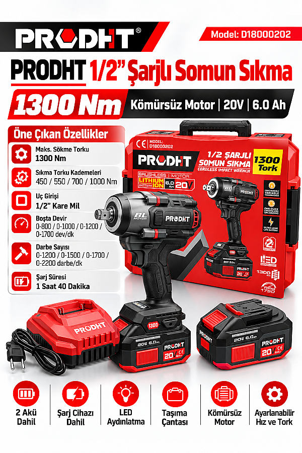PRODHT D18000202 1/2" Şarjlı Somun Sıkma 1300 Nm 20V 6.0Ah Çift Akülü Kömürsüz - 1