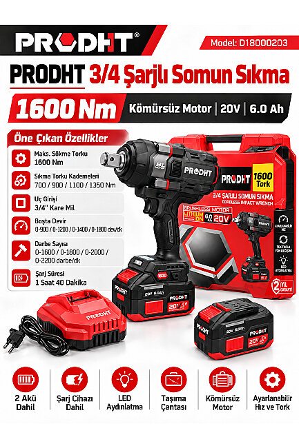PRODHT D18000203 3/4" Şarjlı Somun Sıkma 1600 Nm 20V 6.0Ah Çift Akülü Brushless