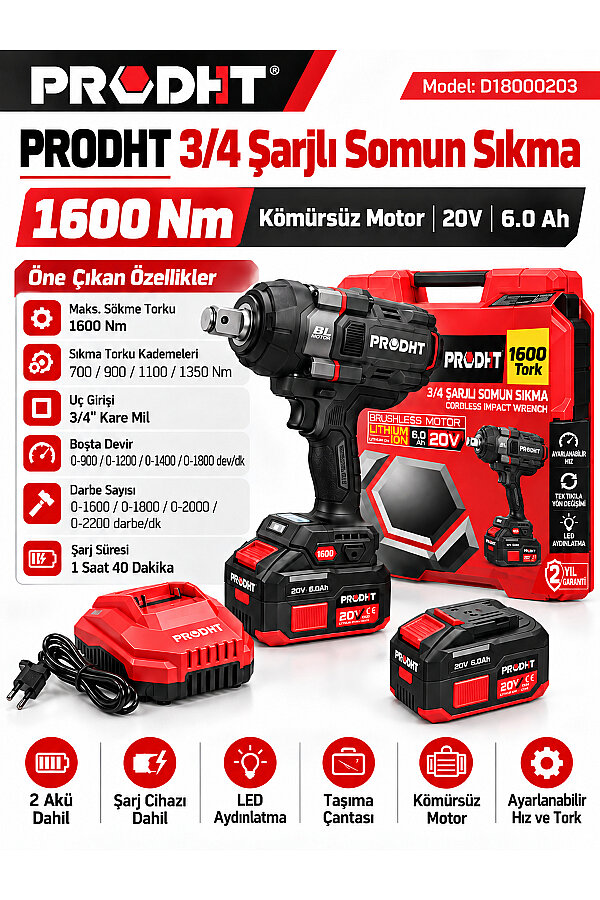 PRODHT D18000203 3/4" Şarjlı Somun Sıkma 1600 Nm 20V 6.0Ah Çift Akülü Brushless - 1