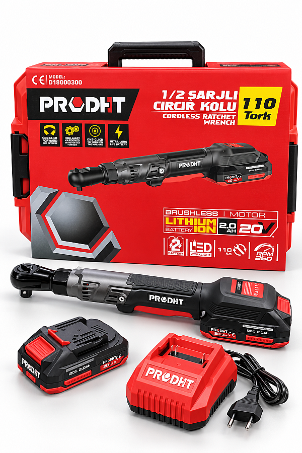 PRODHT D18000300 1/2" Şarjlı Cırcır Kolu 20V 2.0Ah 110 Nm Çift Akülü Fırçasız - 2