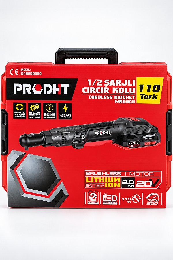 PRODHT D18000300 1/2" Şarjlı Cırcır Kolu 20V 2.0Ah 110 Nm Çift Akülü Fırçasız - 5