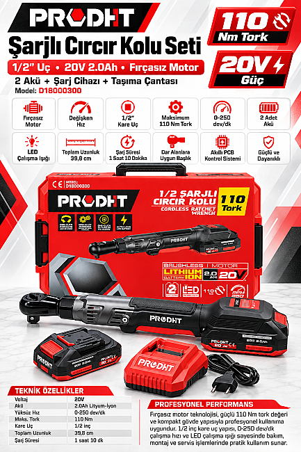 PRODHT D18000300 1/2" Şarjlı Cırcır Kolu 20V 2.0Ah 110 Nm Çift Akülü Fırçasız